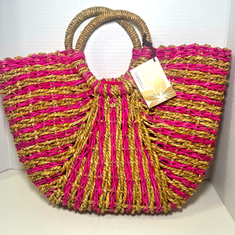 Capelli of New York Pink and Tan Summer straw Tote NEW WITH TAG